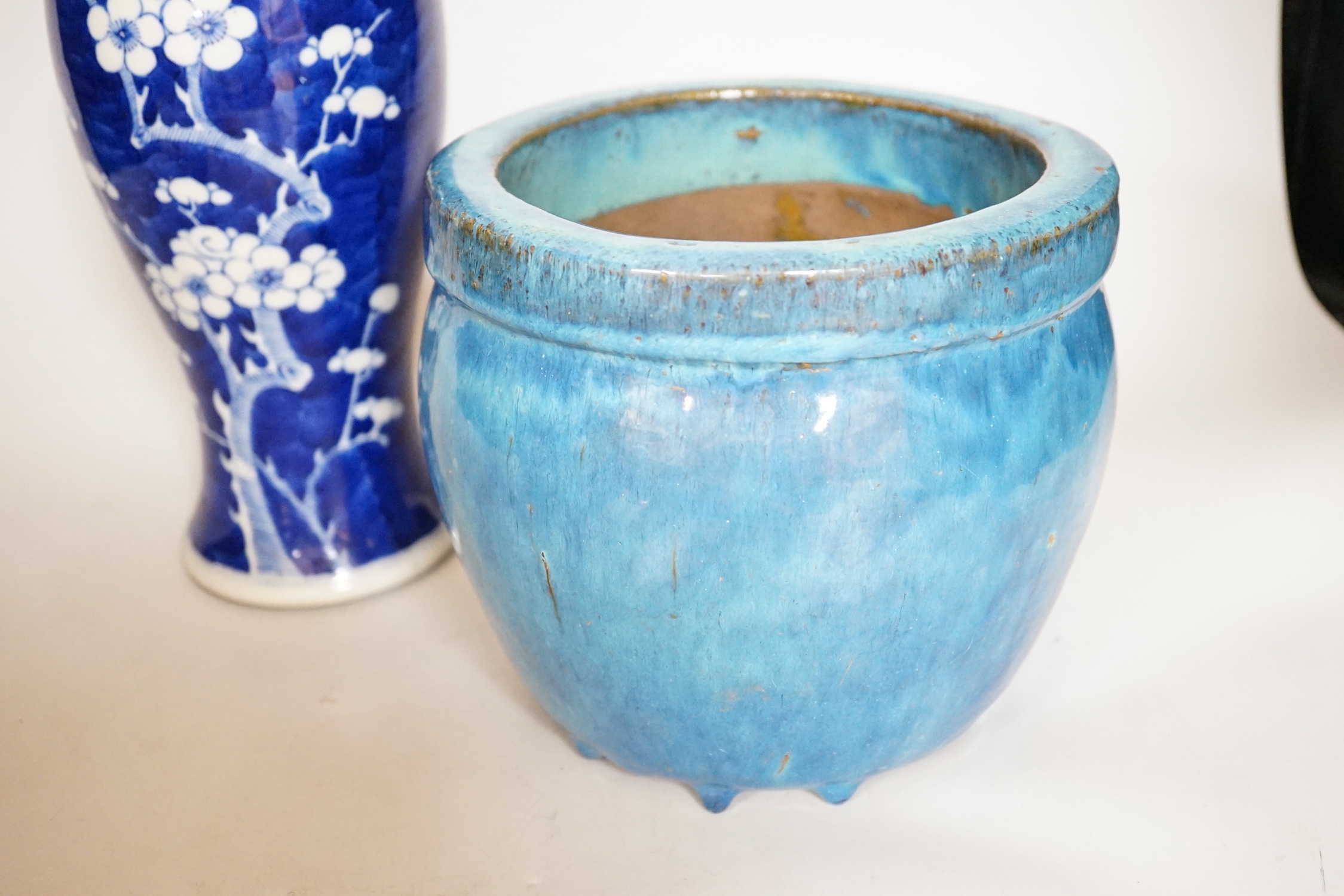 A Chinese blue and white prunus vase, a Jun type pottery planter and a blue and white bowl, vase 25.5cm high